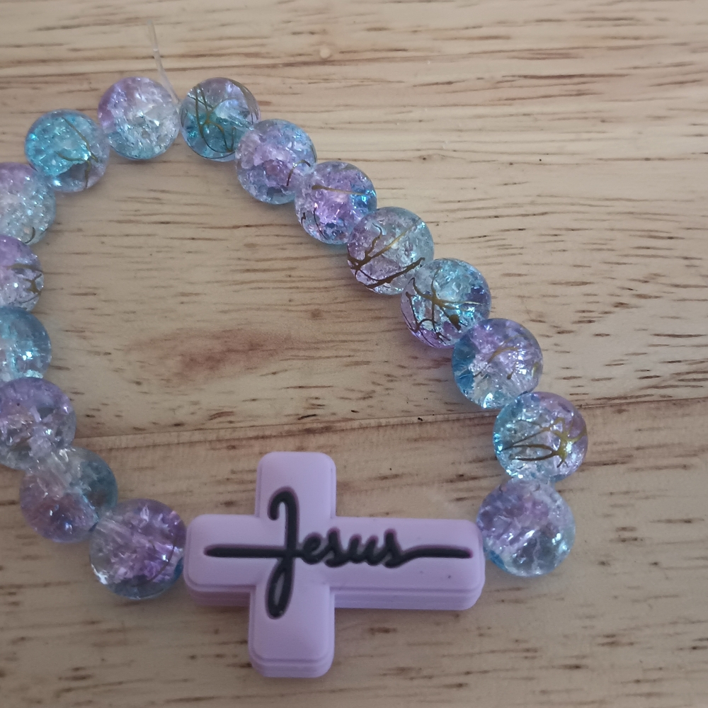 Kids Beaded Bracelet with Cross Charm - Purple and Blue